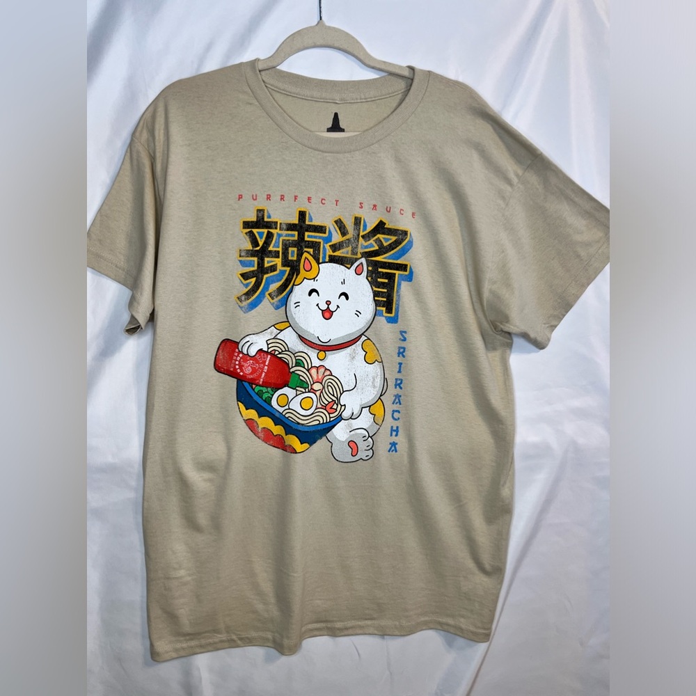 Sriracha Graphic Tee Shirt Cat Ramen Sriracha Men's Size Large Beige Tan
